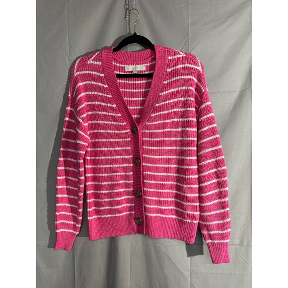 Loft Cardigan Sweater Women Small Pink Striped Oversized V Neck Cozy Casual - Picture 5 of 7